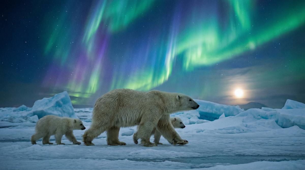 网红北极熊视频 - 极光下的母子视频